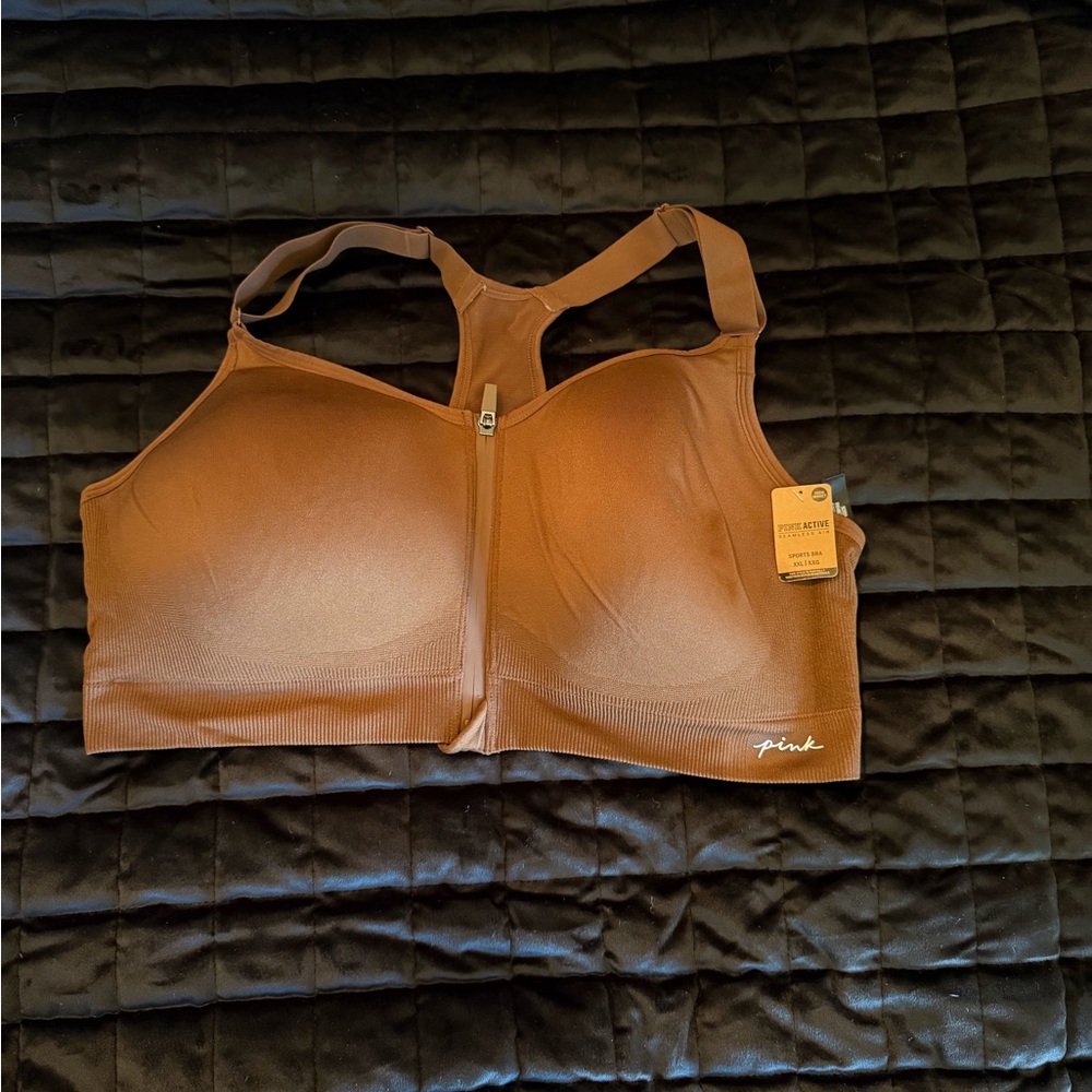 PINK Brown Sports Bra with Front Zipper